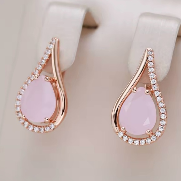 Pink Natural Zircon Water Drop Earrings For Women Luxury 585 Rose Gold - Picture 1 of 5